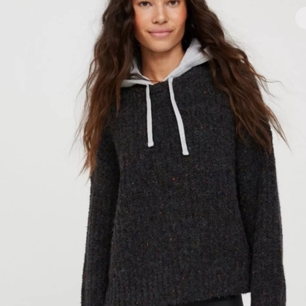AERIE Offline Ribbed Knit Sweater Hoodie Charcoal Heather Gray oversized XS